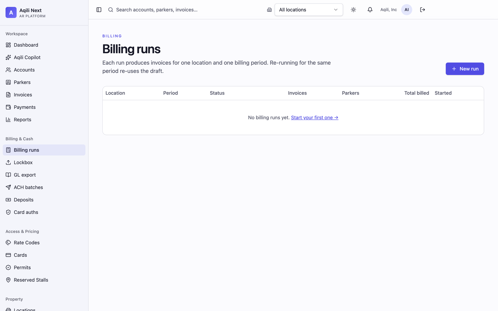 Billing runs in Aqili Next