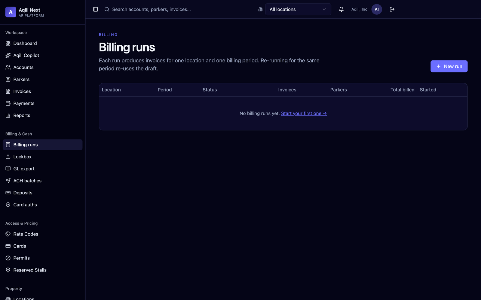 Billing runs in Aqili Next